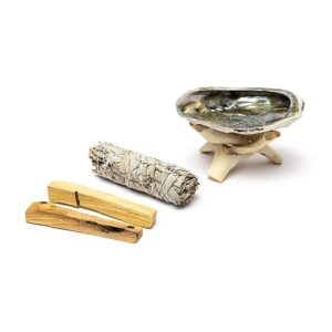 Ensemble d’encens « Smudge » Sauge blanche et Palo Santo avec ormeau et trépied